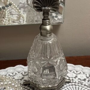 Elegant Vintage Lead Glass Crystal & Pewter Perfume Bottle with Stopper and Feet